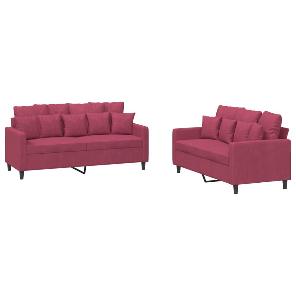 Ensemble de canapés 2 pcs avec coussins rouge bordeaux velours