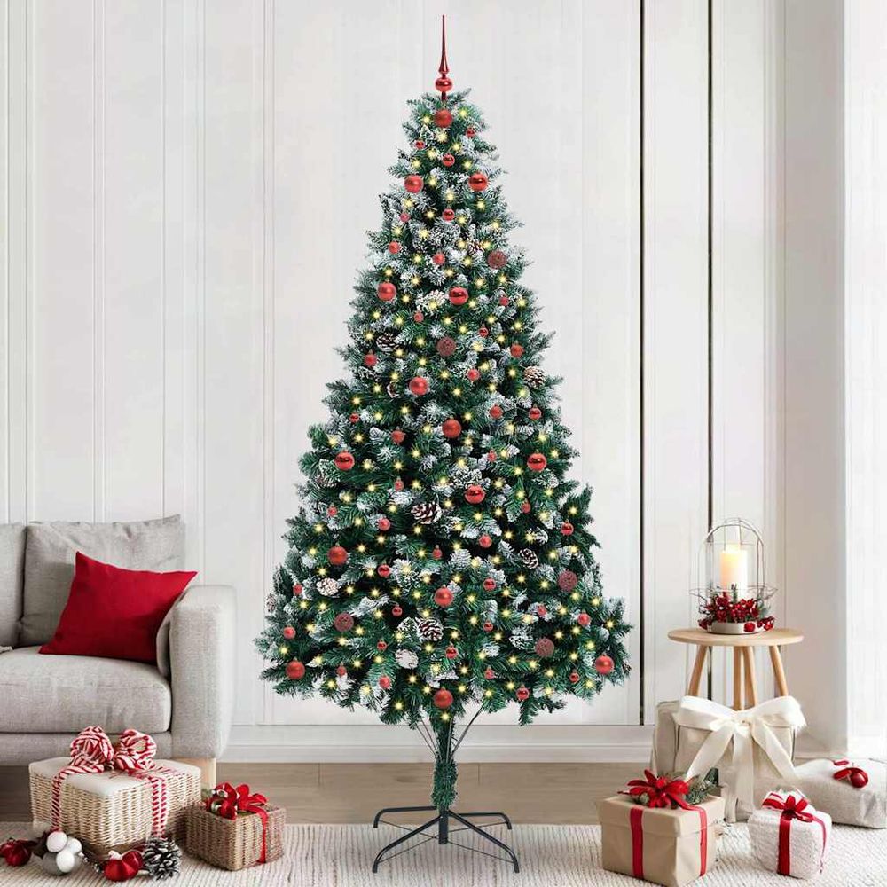 Grand sapin de fête 2.4m aspect enneigé, décoration lumineuse led intégrée