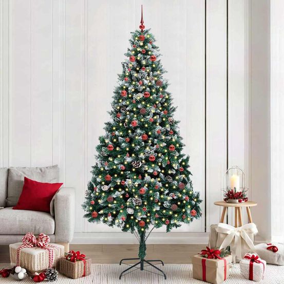 Grand sapin de fête 2.4m aspect enneigé, décoration lumineuse led intégrée
