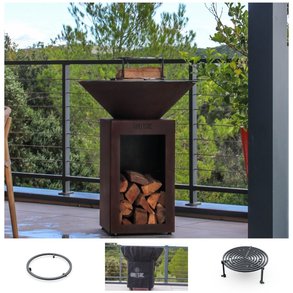 Set brasero printemps - auvergnat simple cuve corten - brasero avec rangement bois - rond - un design élégant et pratique pour un