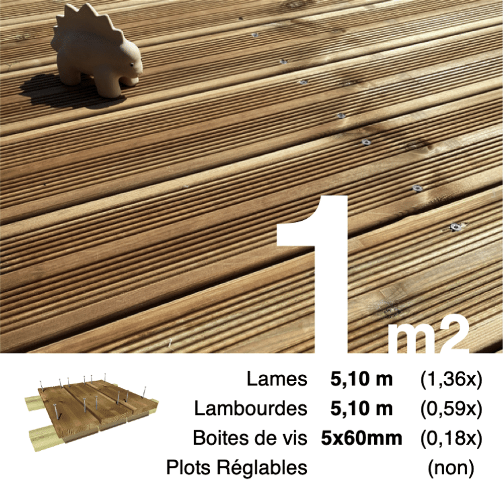 Kit terrasse pin autoclave marron pour 1 m², lames 5,1 m, lambourdes 5,1 m et visserie inox.