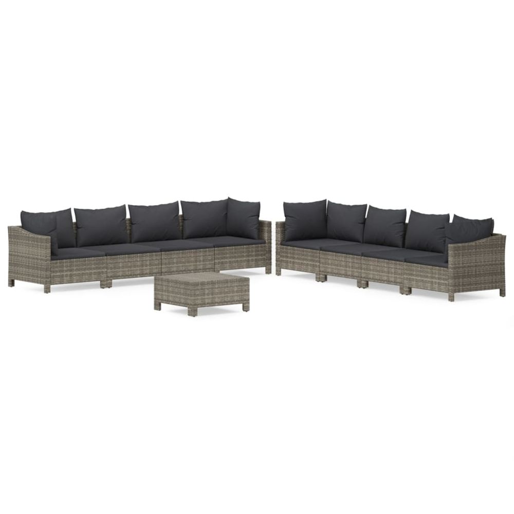 Salon de jardin 9 pcs avec coussins gris résine tressée