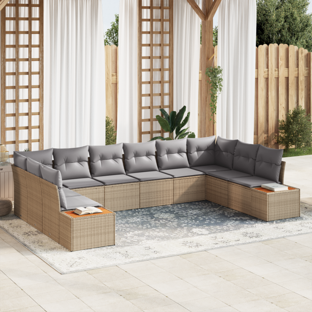 Set de 10 pièces de canapé de jardin avec coussins beige poly rattan acacia