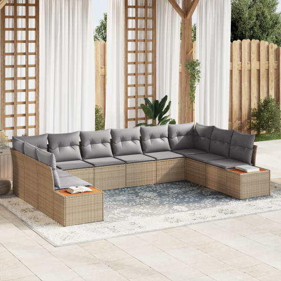 Set de 10 pièces de canapé de jardin avec coussins beige poly rattan acacia