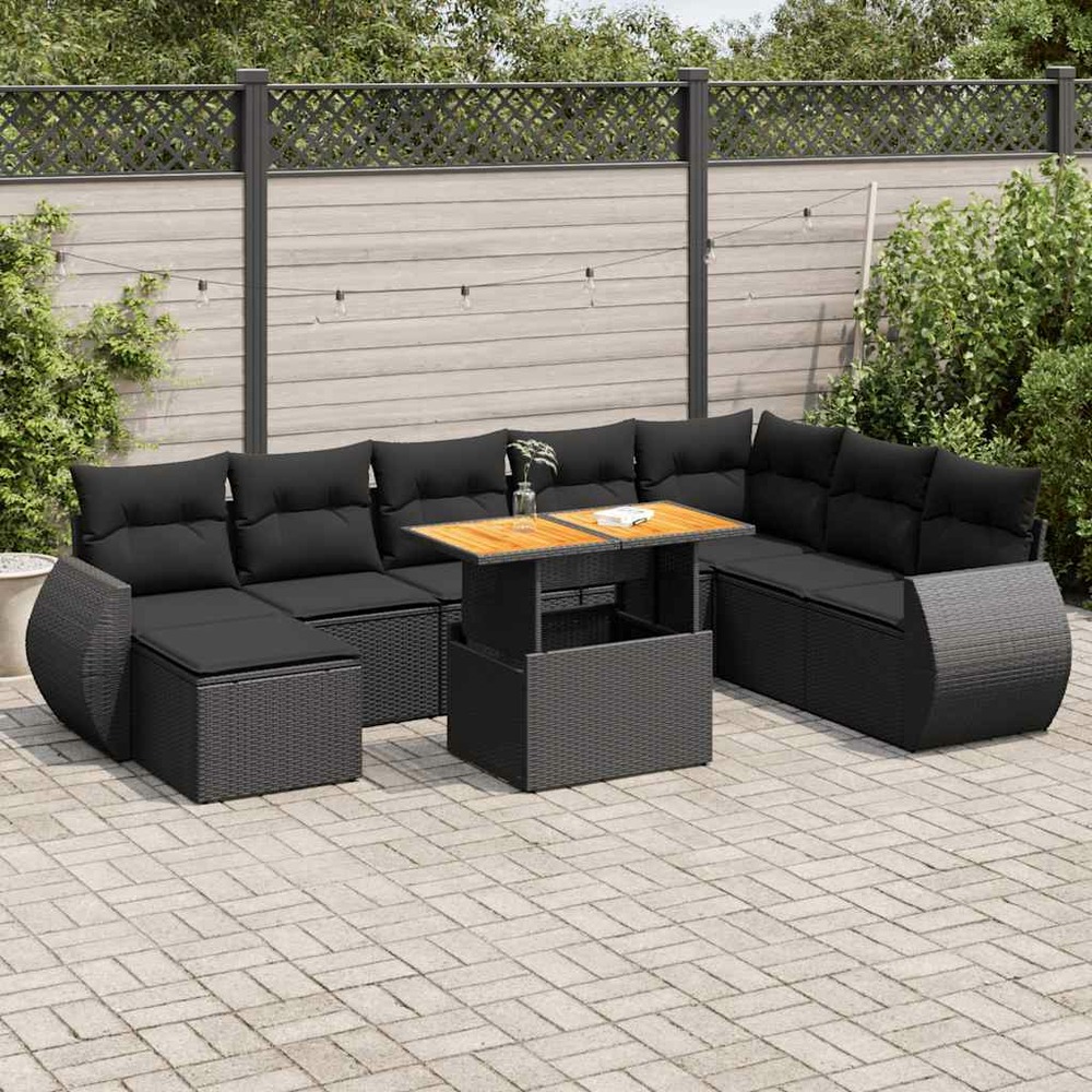 Salon de jardin 9 pcs avec coussins noir résine tressée