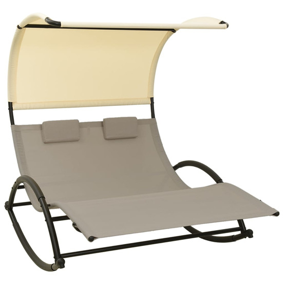 Chaise longue double avec auvent textilène taupe et crème bain de soleil