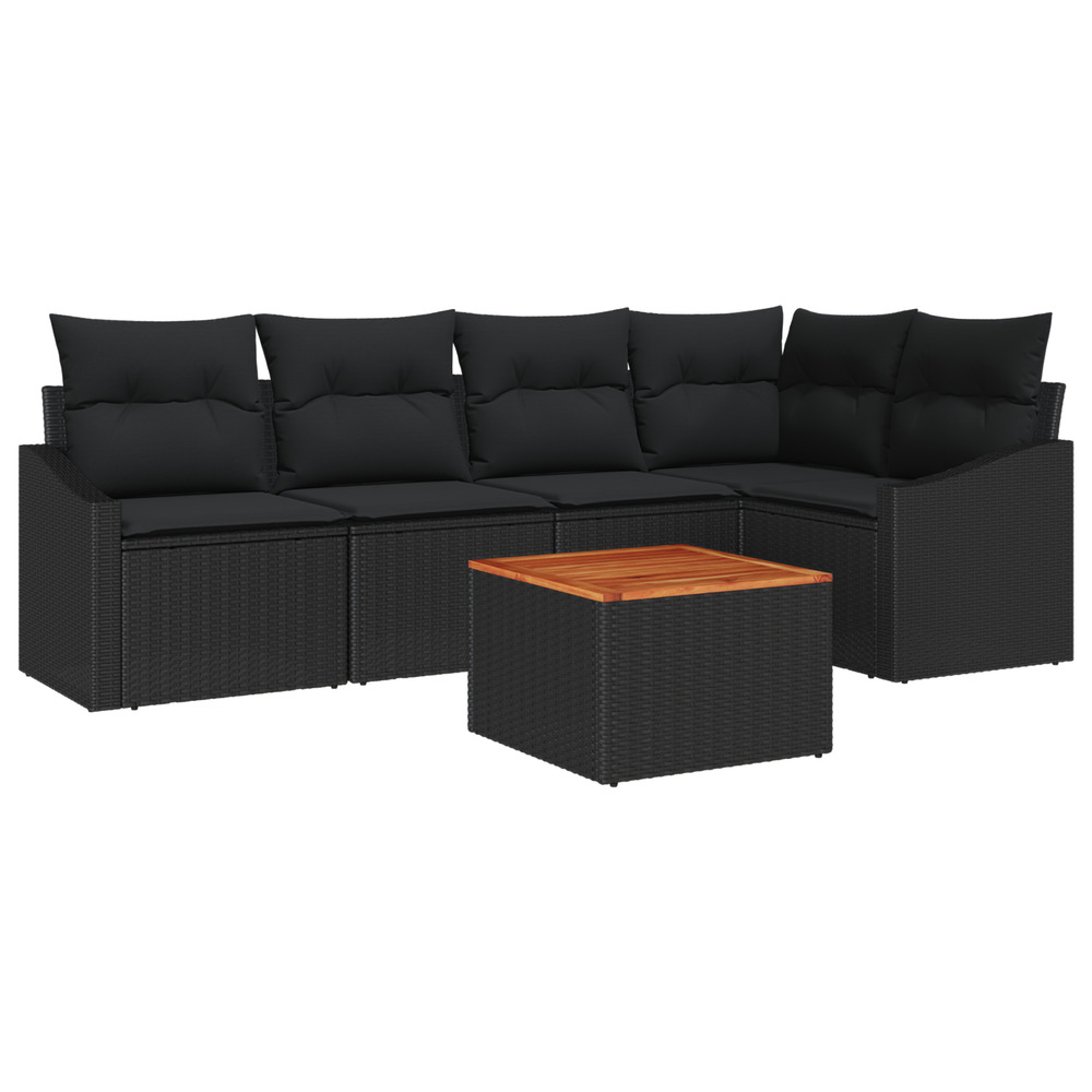 Ensemble de sofa de jardin 6 pièces avec coussins noir rattan poly acacia