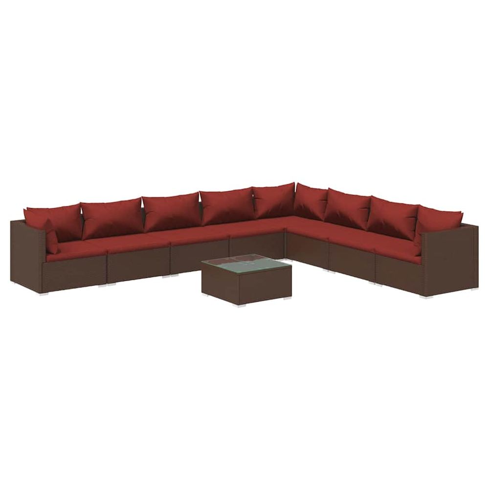 Salon de jardin 9 pcs avec coussins résine tressée marron