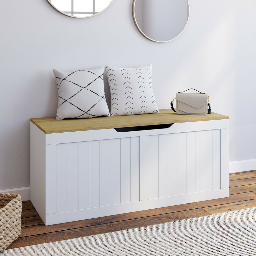 Banc coffre rangement 100 cm leon bois et blanc