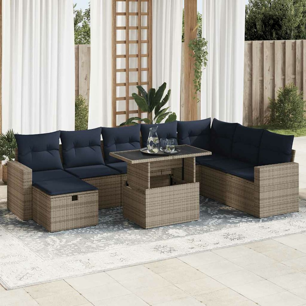 Salon de jardin avec coussins 9pcs gris résine tressée