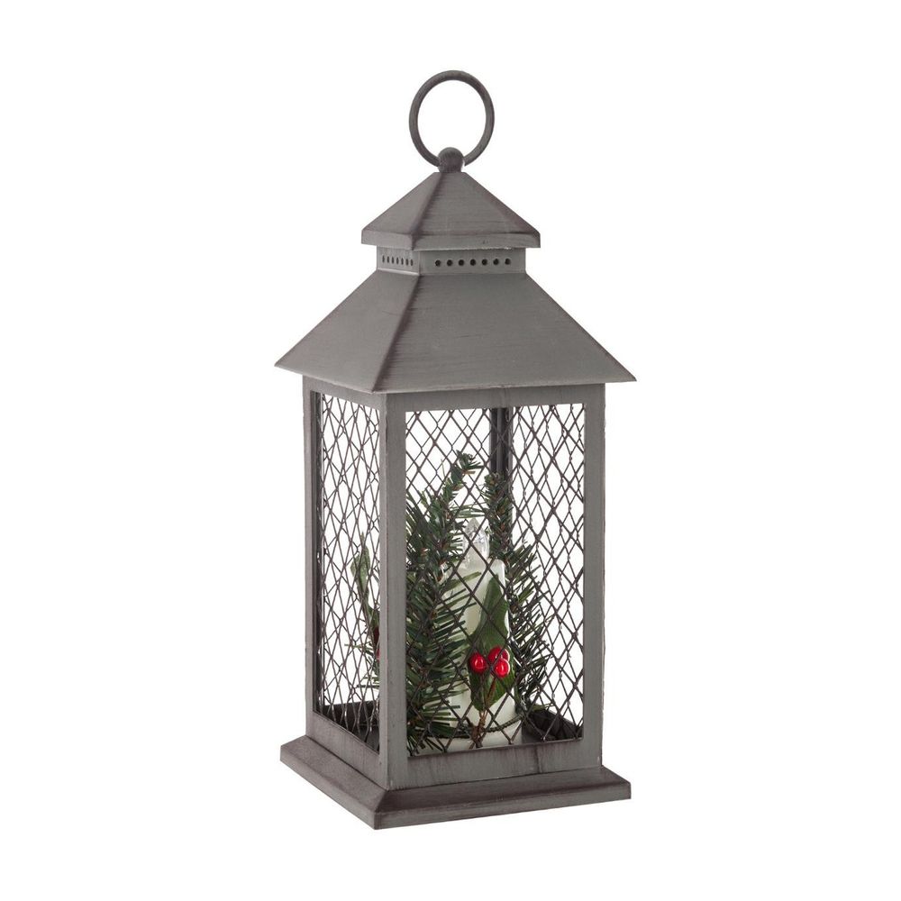 Déco de noël lumineuse lanterne grillagée avec 3 bougies 3 led h 31 cm