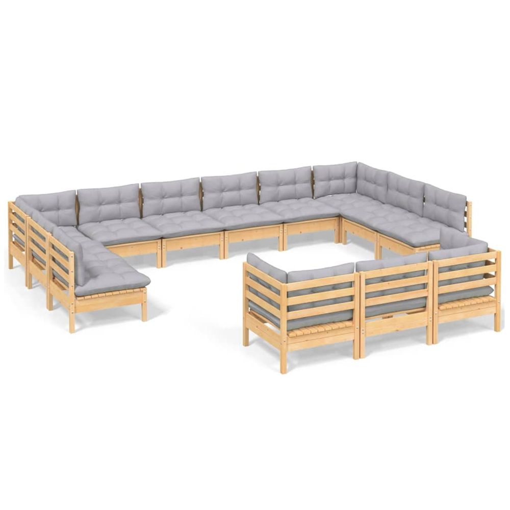 Salon de jardin 13 pcs avec coussins gris bois de pin