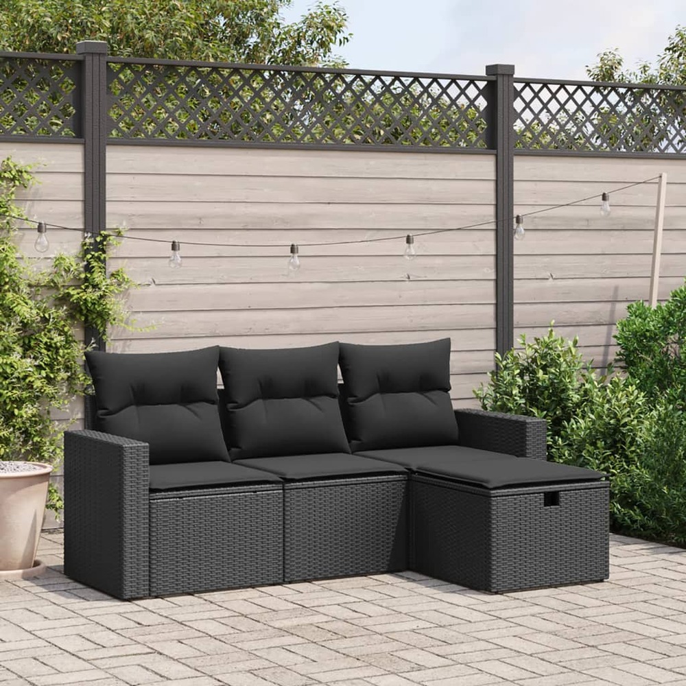 Salon de jardin 4 pcs avec coussins noir résine tressée