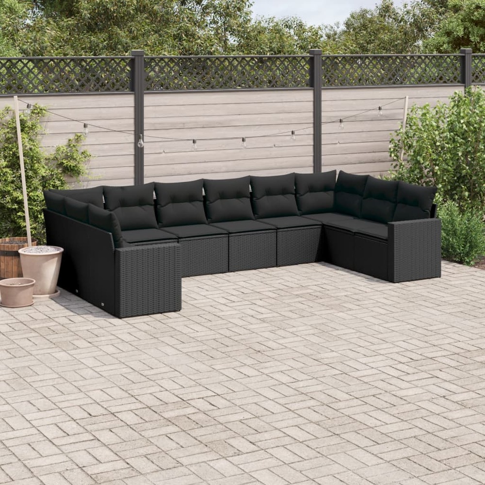 Salon de jardin 10 pcs avec coussins noir résine tressée
