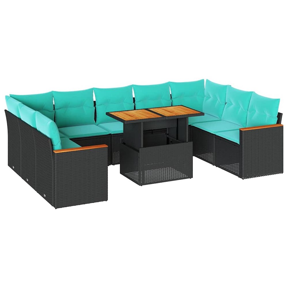 Salon de jardin 10 pcs avec coussins noir résine tressée