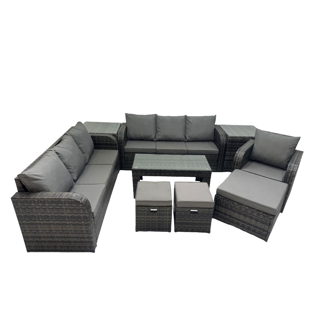 Ensemble de canapés en rotin 10 places salon de jardin avec table basse rectangulaire 3 tabourets canapé 3 places 2 tables d'appoint