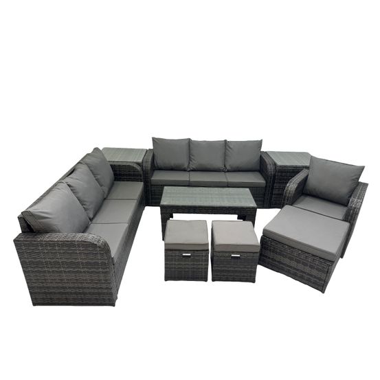 Ensemble de canapés en rotin 10 places salon de jardin avec table basse rectangulaire 3 tabourets canapé 3 places 2 tables d'appoint