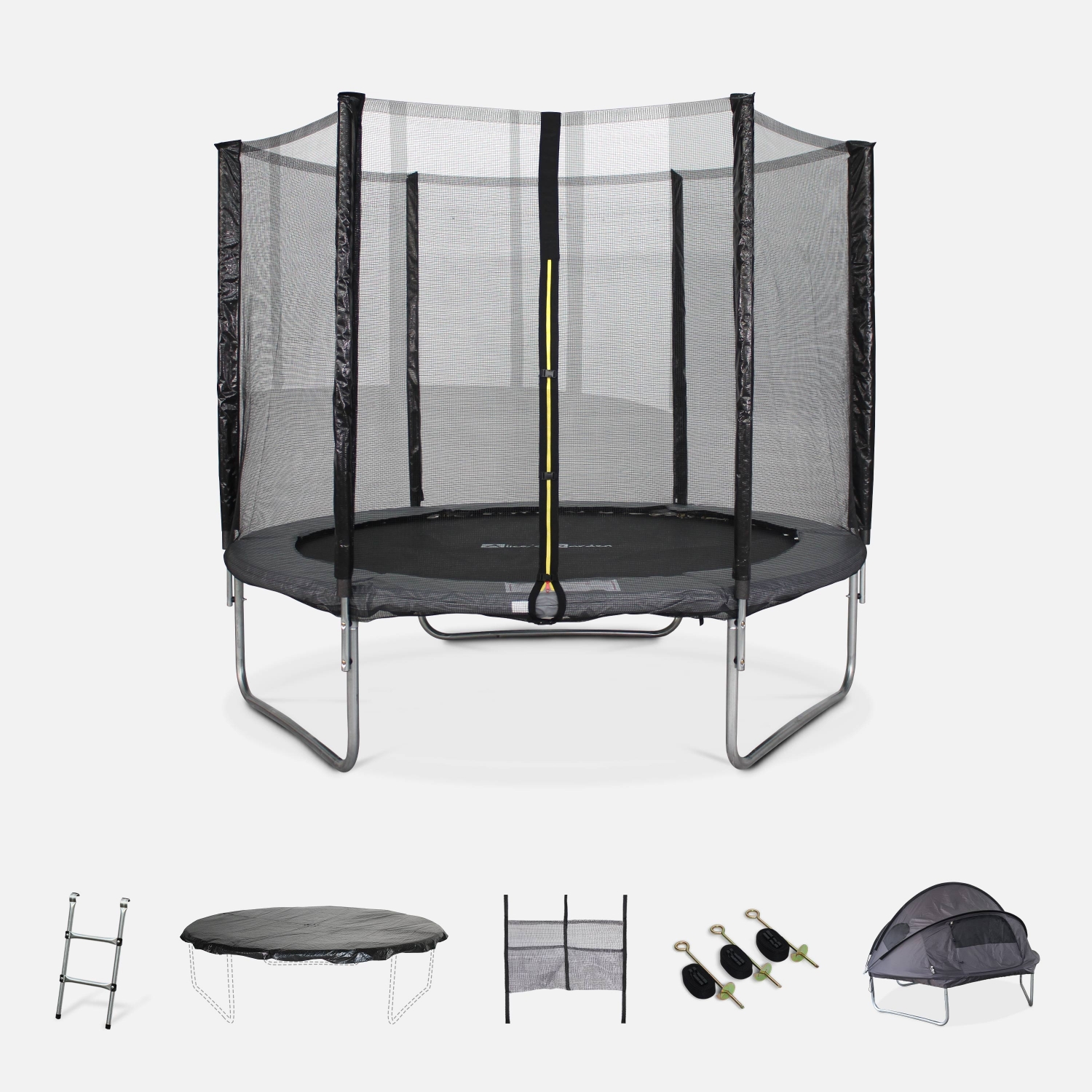Trampoline 250cm gris avec pack d'accessoires + tente de camping avec sac de transport