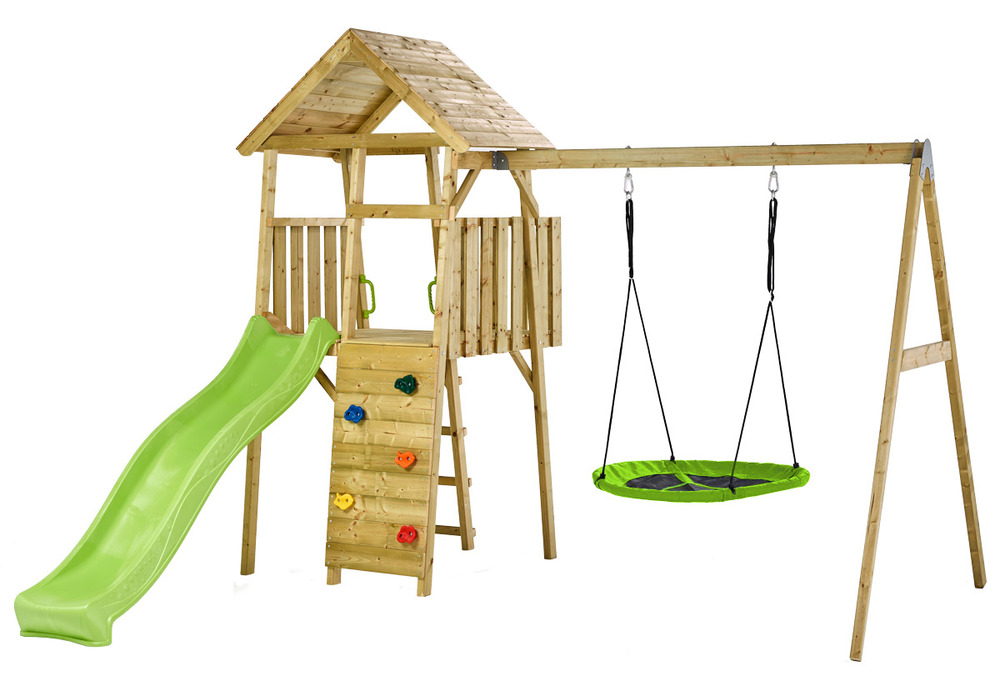Aire de jeux bois, 2 balançoires, nid, toboggan, escalade, cabane woodi