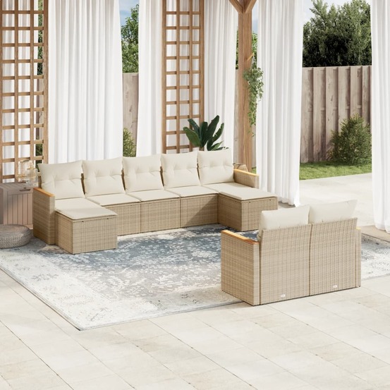 Salon de jardin avec coussins 9 pcs beige résine tressée