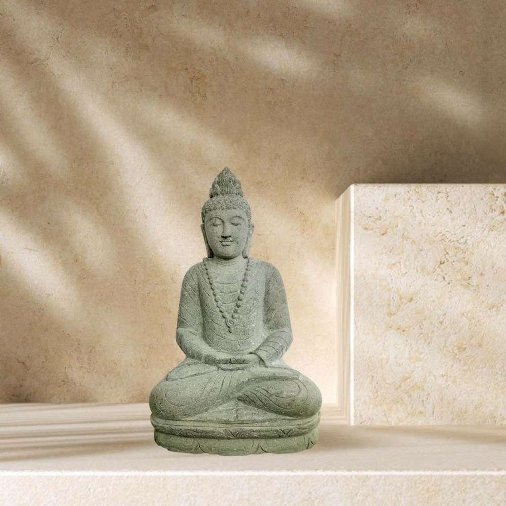 Statue de bouddha en pierre assis jardin zen collier 50 cm