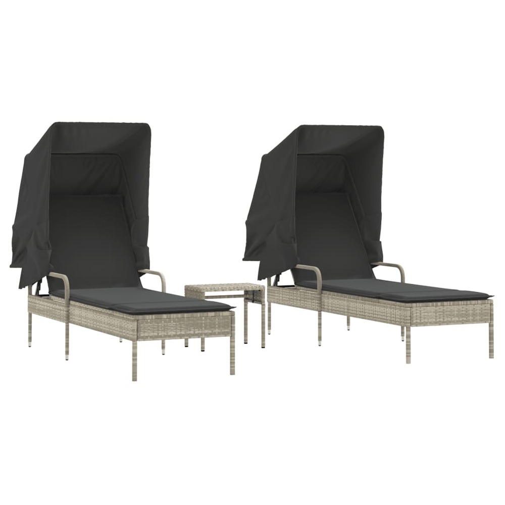 Chaises longues lot de 2 avec auvents et table gris clair rotin