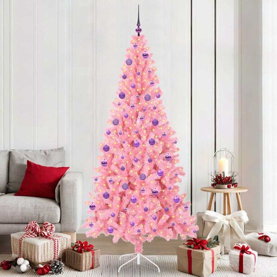 Sapin de fête original rose 210 cm, entièrement décoré avec 300 lumières led