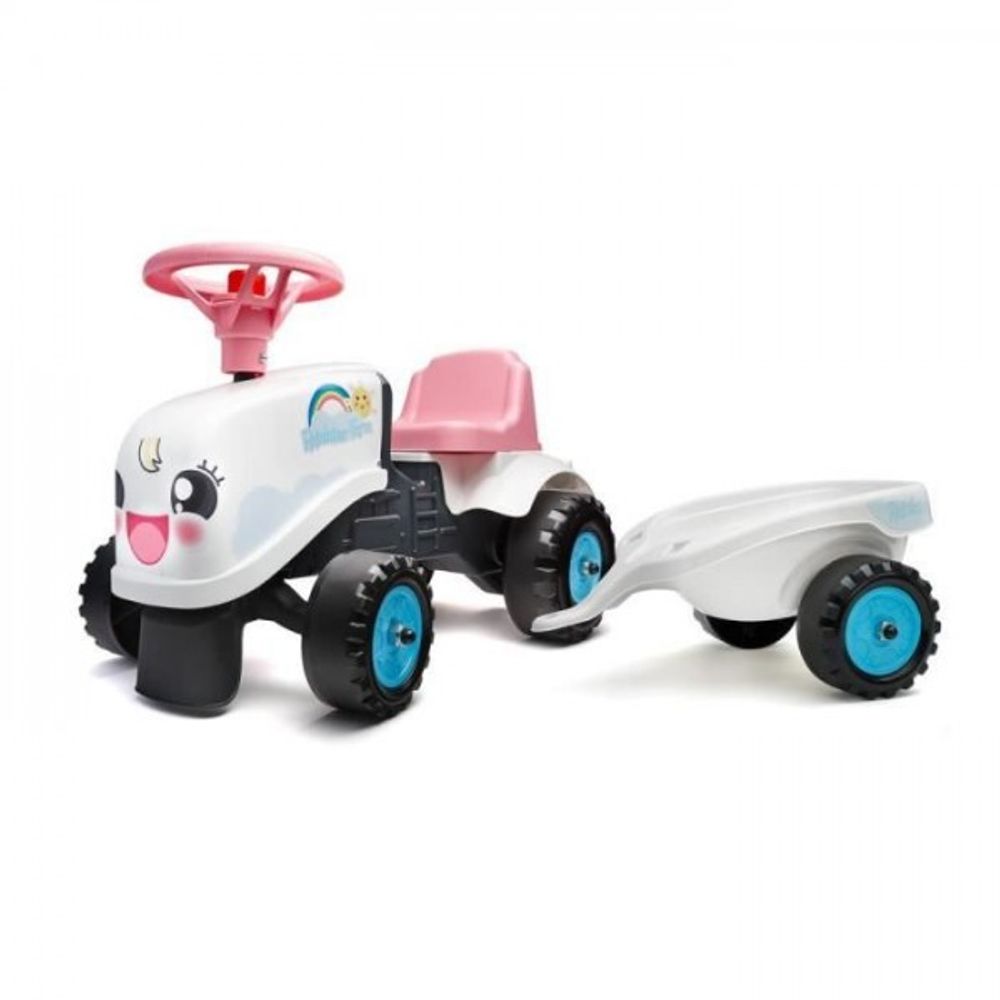 Porteur trotteur tracteur rainbow farm avec remorque - - pour filles des 1 an - formes rondes et couleurs pastels