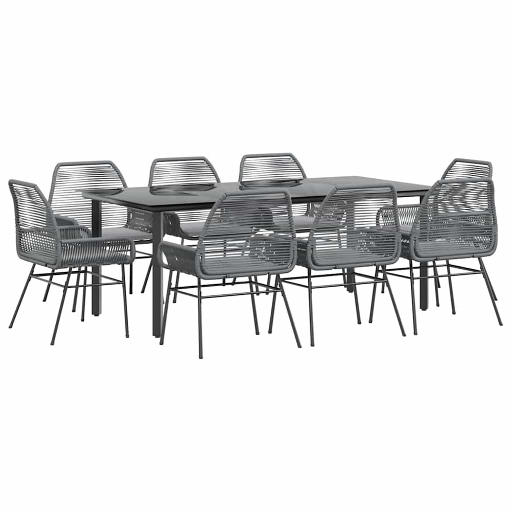 Ensemble à manger jardin coussins 9 pcs gris poly rotin verre