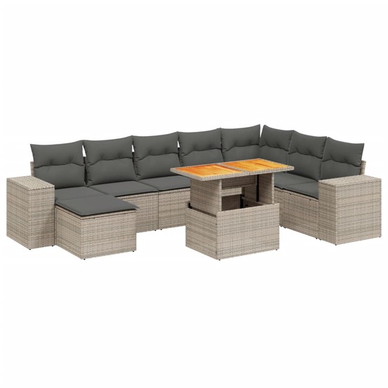Salon de jardin 9 pcs avec coussins gris résine tressée