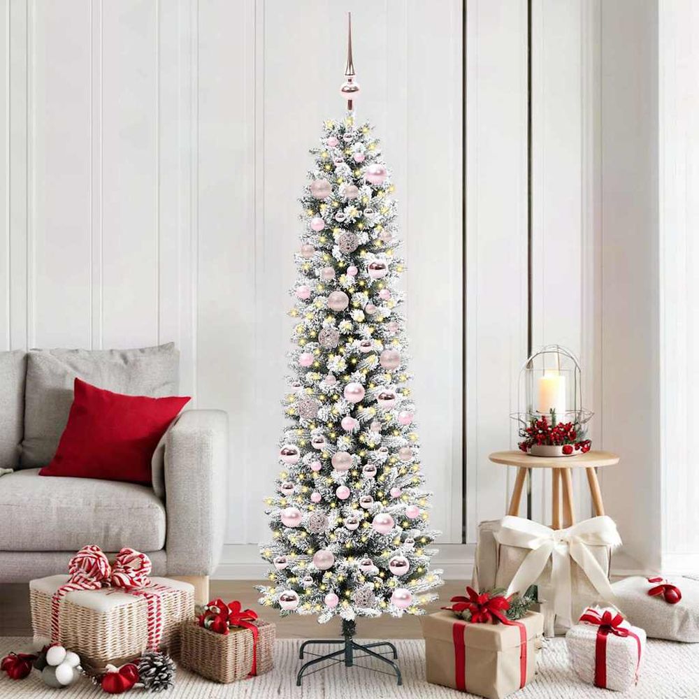 Sapin de noël artificiel design 180 cm, bicolore vert et blanc avec 300 led et 120 boules