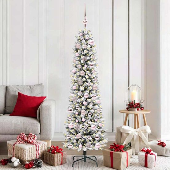 Sapin de noël artificiel design 180 cm, bicolore vert et blanc avec 300 led et 120 boules