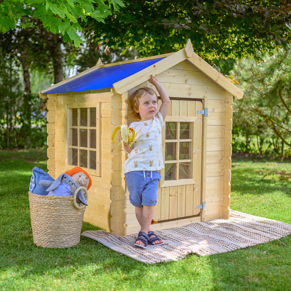 Maison en bois pour enfants - 0.9 m2 - 111 x 113 cm - toit bleu - sans plancher - m570m-1