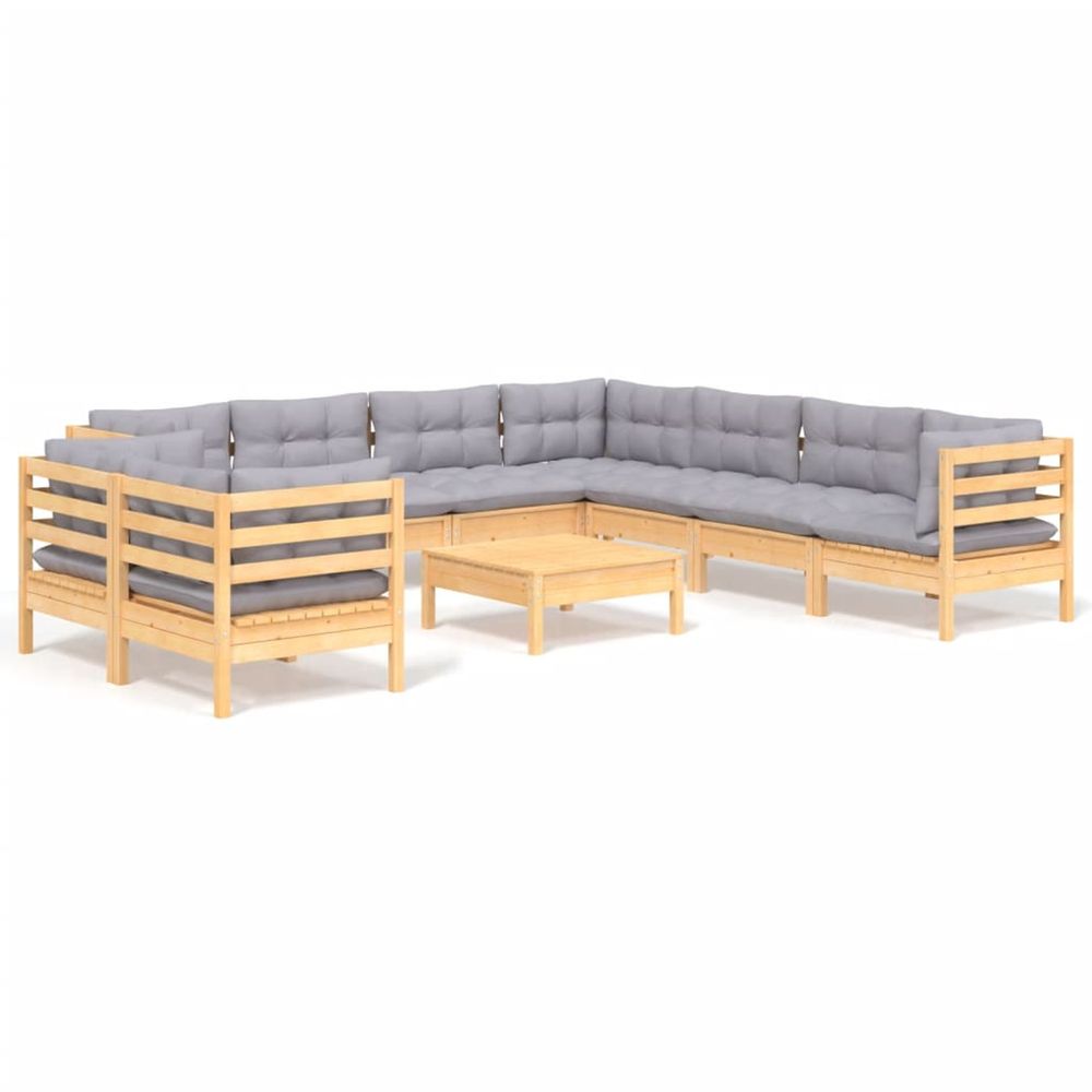 Salon de jardin 10 pcs avec coussins gris bois de pin massif
