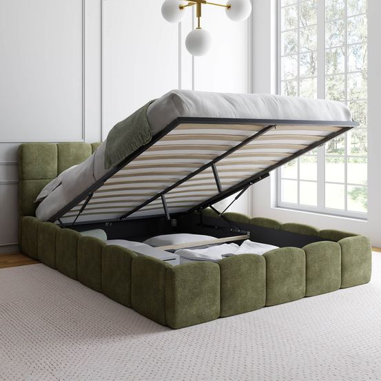 Lit coffre double nuage avec tête de lit matelassée et sommier 140 x 190 cm tissu chenille vert
