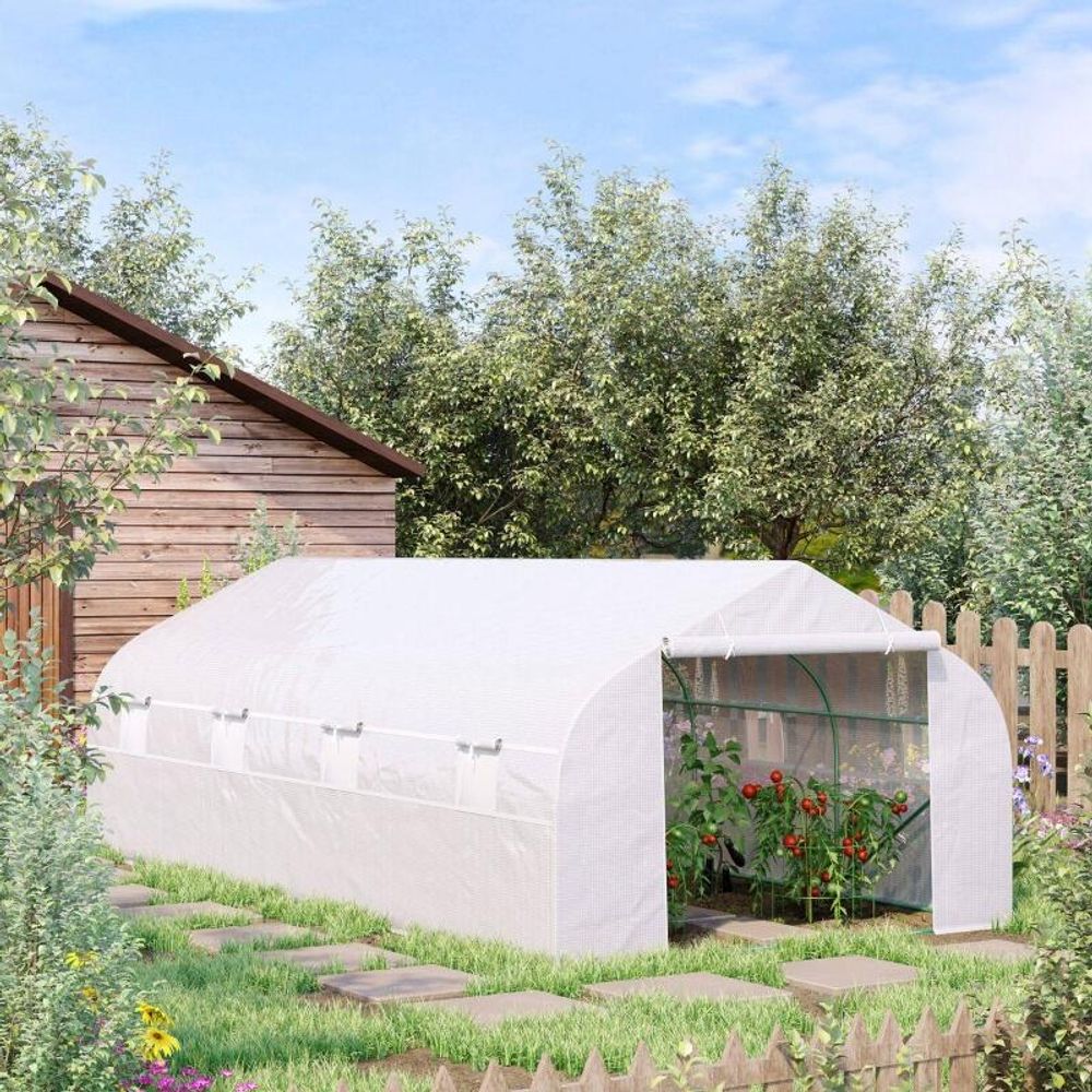 Serre tunnel acier galvanisé 5,95 x 3 x 2 m blanche 18 m² potager avec 8 fenêtres - comfortxl outdoor living