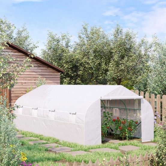 Serre tunnel acier galvanisé 5,95 x 3 x 2 m blanche 18 m² potager avec 8 fenêtres - comfortxl outdoor living