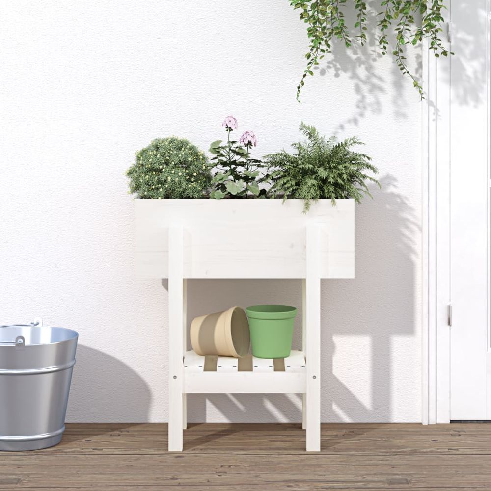 Jardinière sur pieds bois de pin avec étagère pour jardin balcon blanc 62cm