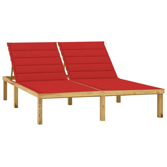 Chaise longue double et coussins rouge bois de pin imprégné bain de soleil