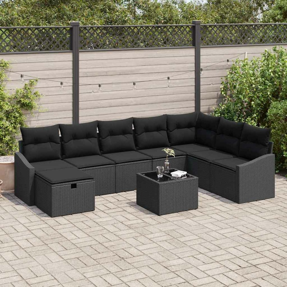Ensemble de canapé de jardin avec coussin 9 pcs noir poly rotin