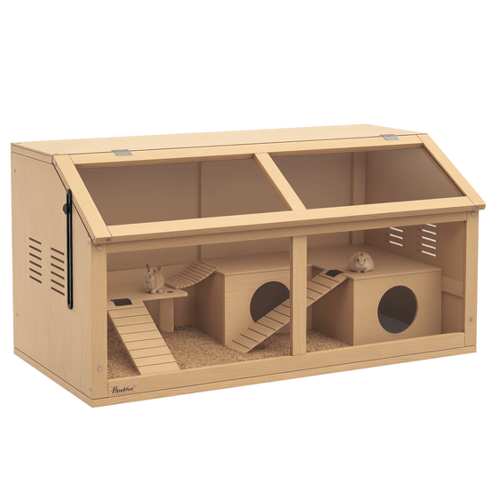 Cage hamster en bois sapin pour petits rongeurs avec pont et plateforme 85x45x44cm naturel