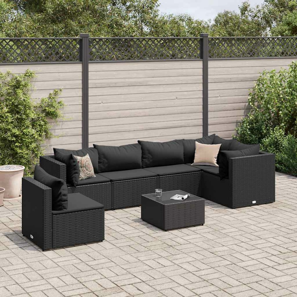 Salon de jardin 7 pcs avec coussins noir résine tressée