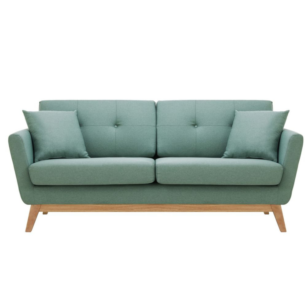 Canapé scandinave 3 places et 2 coussins en tissu vert d'eau hoga
