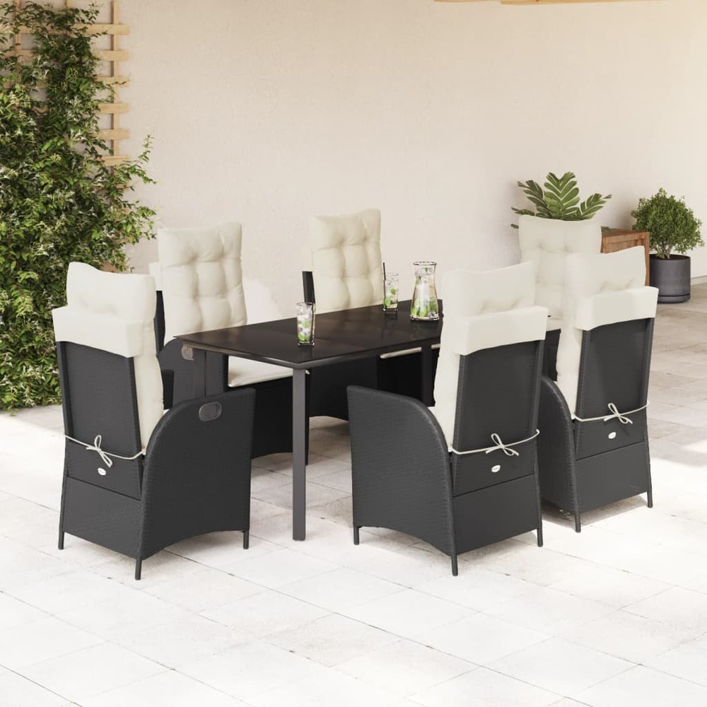 Ensemble à manger de jardin coussins 7pcs noir résine tressée