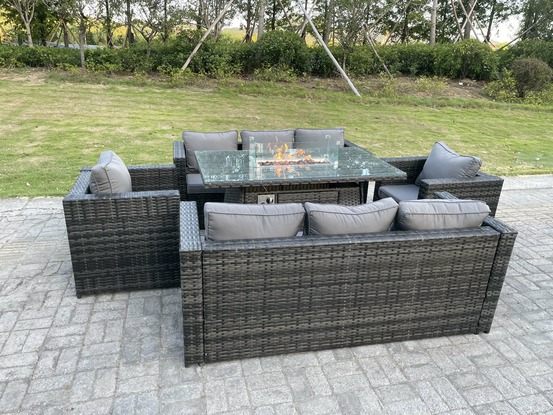 Extérieur rotin meubles de jardin foyer au gaz ensemble de table chauffage au gaz chaise longue gris foncé 8 places