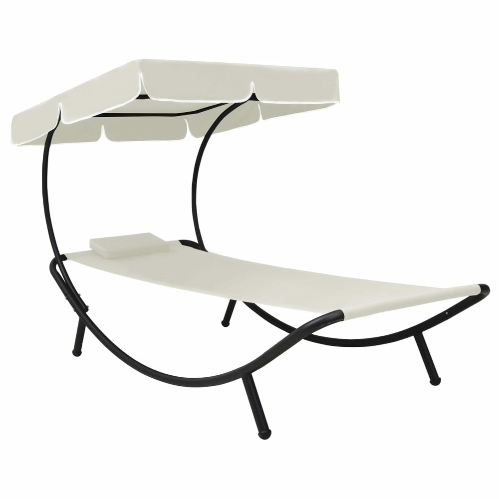 Transat chaise longue bain de soleil lit de jardin terrasse meuble d'extérieur avec auvent et oreiller blanc crème