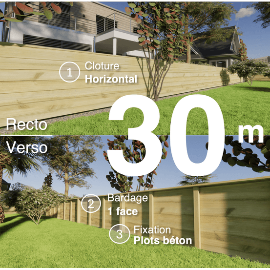 Kit clôture bois moderne 30m – h 0,9m – 21 x 130 mm autoclave vert – pose horizontal – simple face – à sceller