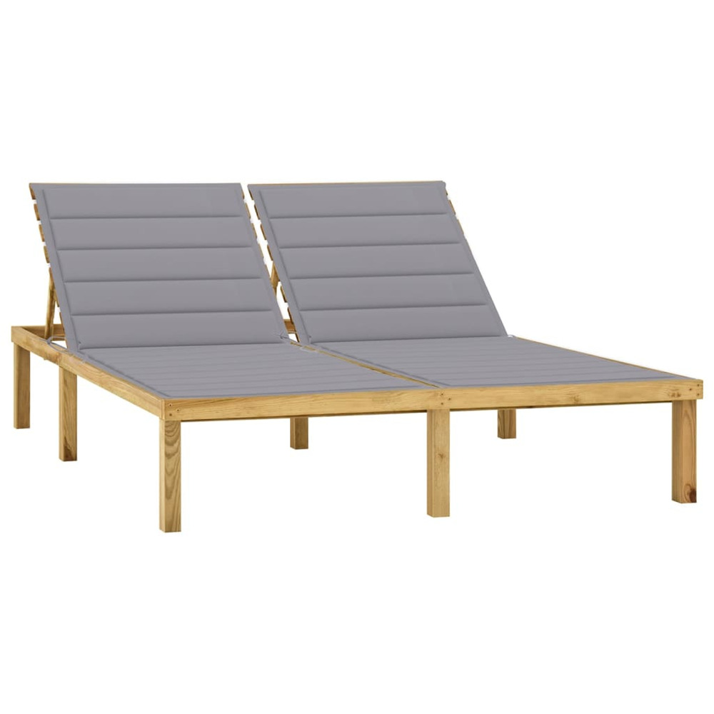 Chaise longue double et coussins gris bois de pin imprégné bain de soleil
