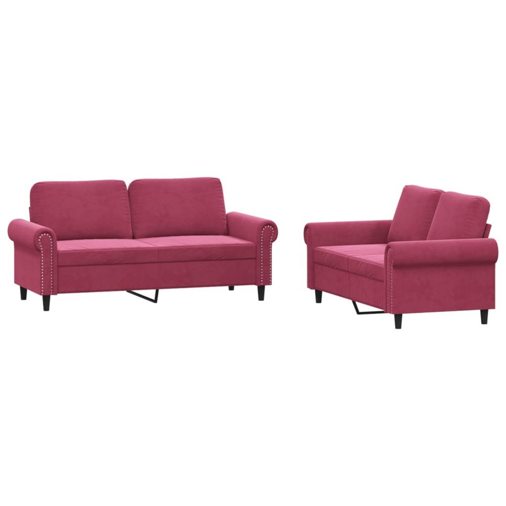 Ensemble de canapés 2 pcs avec coussins rouge bordeaux velours