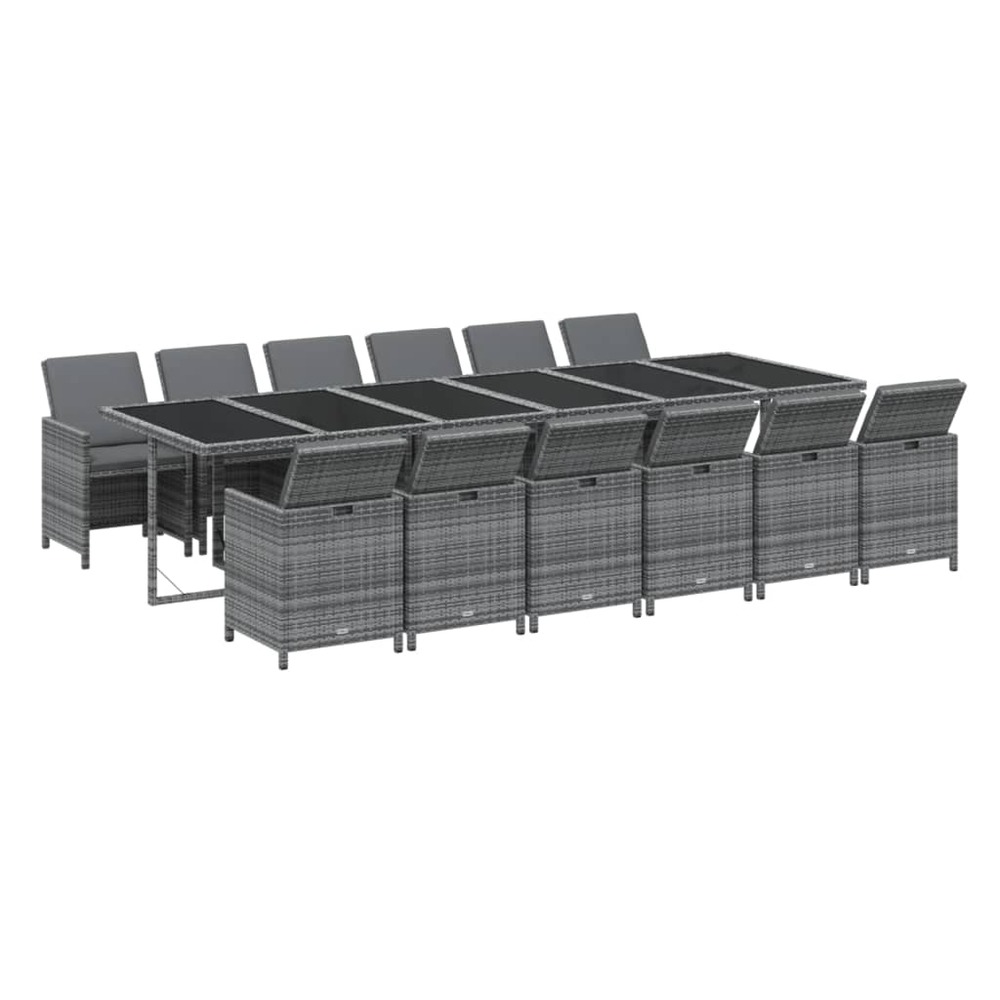 Ensemble à dîner salon de jardin meuble d'extérieur coussins 13 pièces résine tressée gris